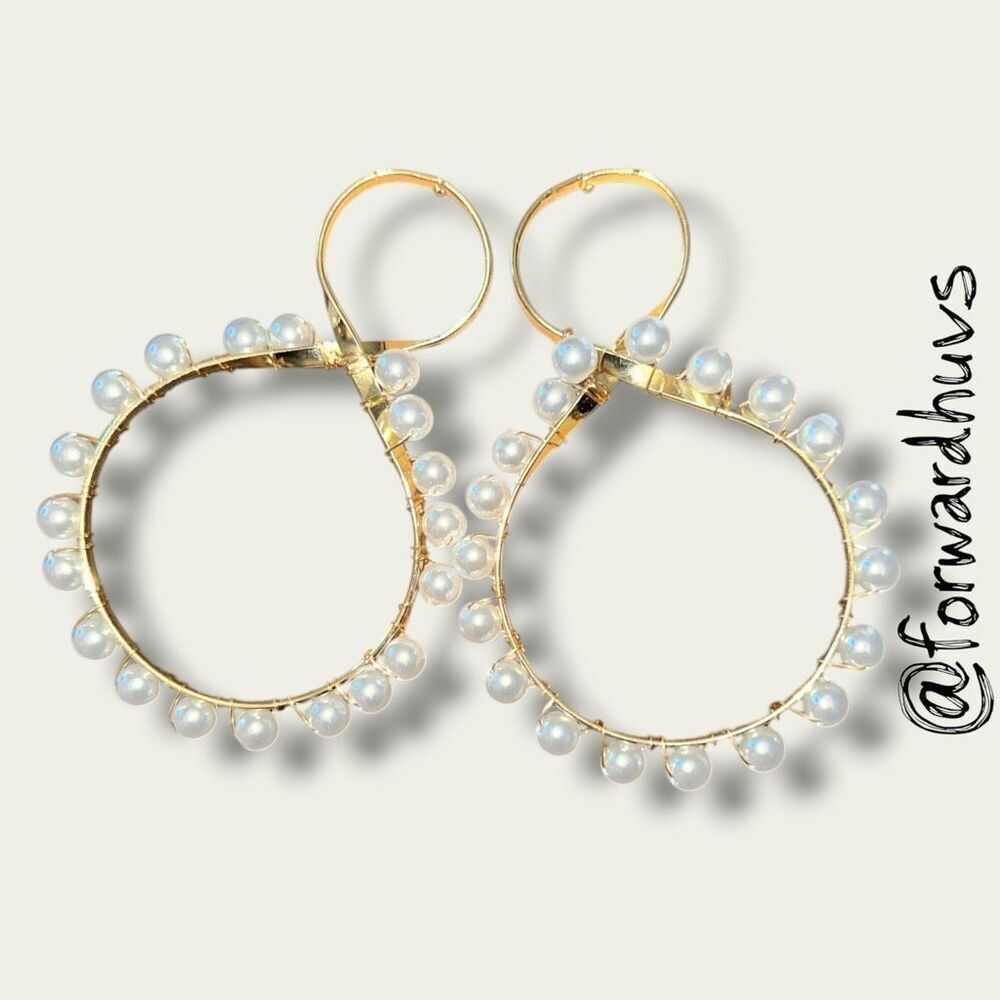 Bundle Sale 3 for $15 | Large Gold Tone Double Hoop Faux Pearl Statement Earring